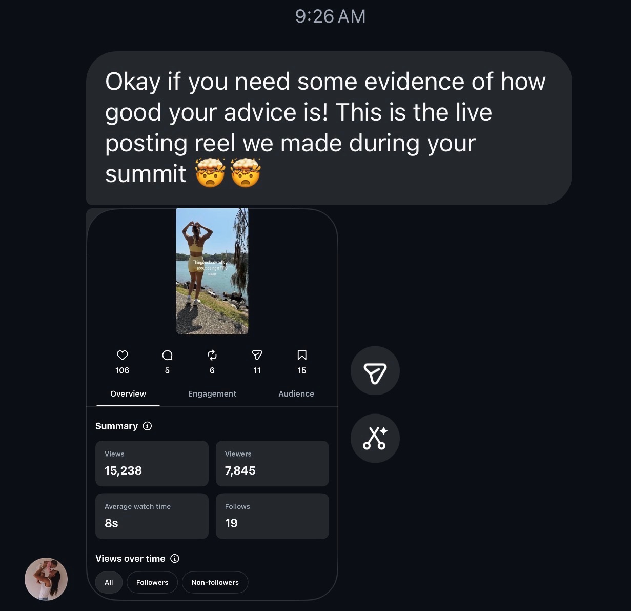 Original Instagram message and reel insights: 15,238 views and 19 follows