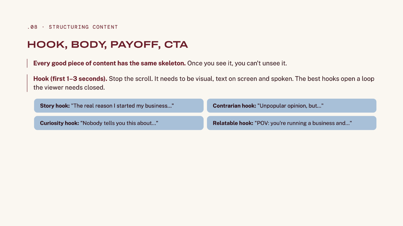 Workshop slide introducing the Hook, Body, Payoff, CTA content structure